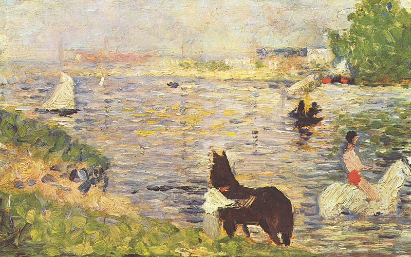 Georges Seurat Weibes und schwarzes Pferd im Flub oil painting picture